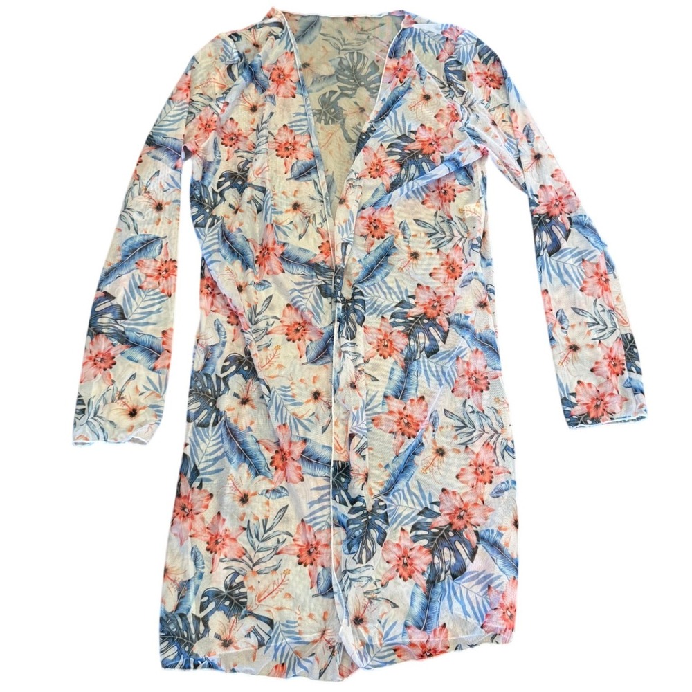 Tropical Floral Mesh Cardigan Long Sleeve Sheer Duster Cover Up Large